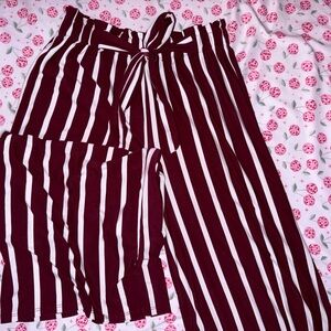 Striped maroon palazzo pants with tie